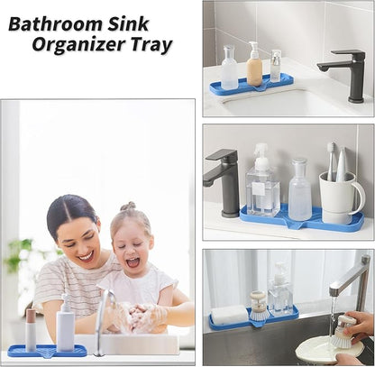 MicoYang Silicone Bathroom Soap Dishes with Drain Spout-Bathroom and Kitchen Sink Organizer,Sponge Holder,Dish Soap Tray,Perfect for Dispenser,Scrubber,Bottle,Cup on Sink or Counter-Lichen Blue 12"×4"