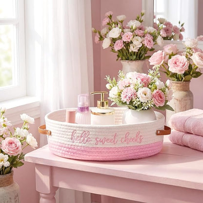 Hello Sweet Cheeks Bathroom Decoration Pink and White Cotton Rope Toilet Basket Toilet Paper Holder Basket Rustic Bathroom Organizer Farmhouse Home Decoration Organizing Small Baskets