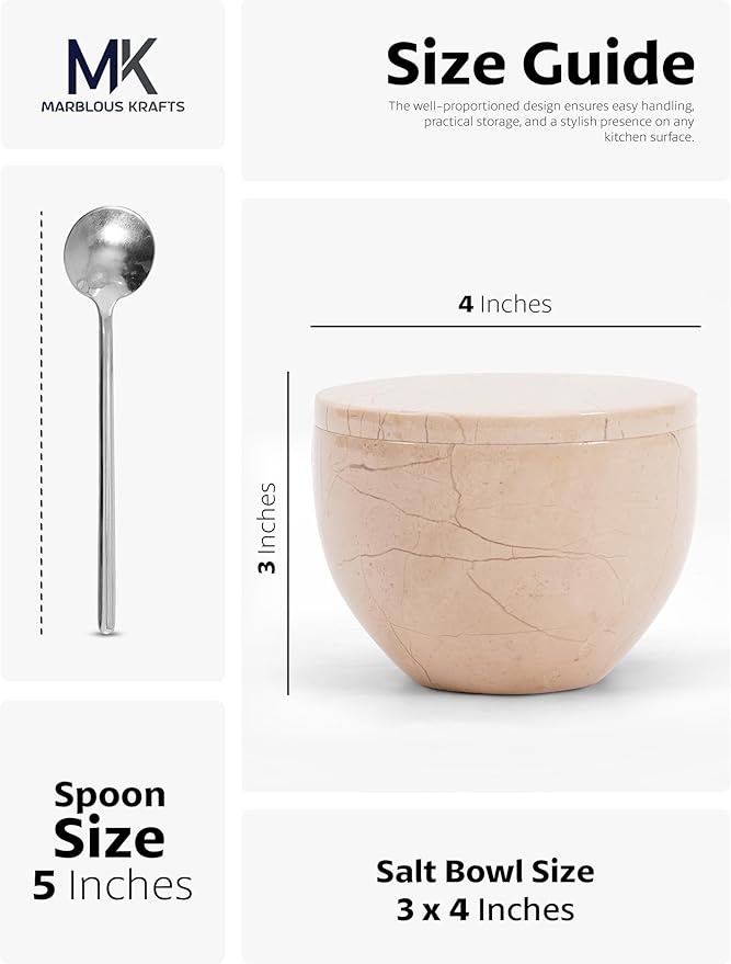MARBLOUS KRAFTS Marble Flaky Salt Cellar with Lid and Spoon of 4.7 oz Verona Seasoning Container for Countertop Use, Ideal for Stone Salt, Sugar Candy Bowl, and Spices