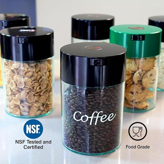 Coffeevac 1LB – Patented Airtight Container | Multi-use Vacuum Container Works as Smell Proof Containers for Ground Coffee and Coffee Bean Containers. Black Cap and Clear Body with Logo