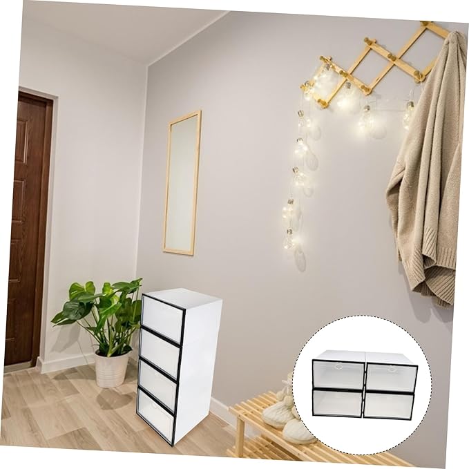 Lurrose 4pcs Thickened Plastic Shoe Boxes for Home Use Stackable Shoe Storage Containers with Capacity and Dustproof Design Black Frame White Female Style Organizer