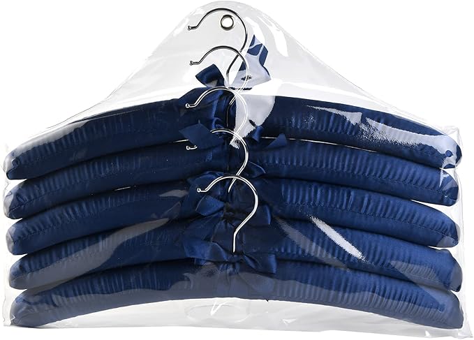 Blue Satin Padded Sweater Hangers 10 Pack, Blouse Hanger with Thick & Soft Foam for Bridal Wedding Dress Lingerie, Smooth Silk Covered Shirt Hanger Without Shoulder Bump