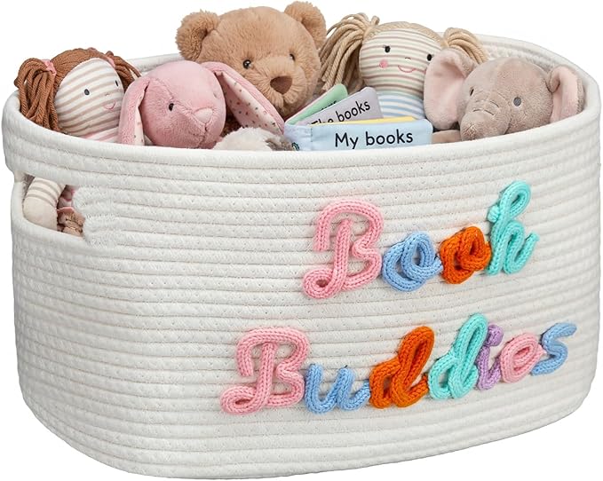 Threehoney Book Buddies Basket Preschool Book Toy Storage Basket with Handle Woven Cotton Rope Organizer for Back to School Kindergarten Preschool Classroom Graduation 15 x 10 x 9 Inches(Multicolored)