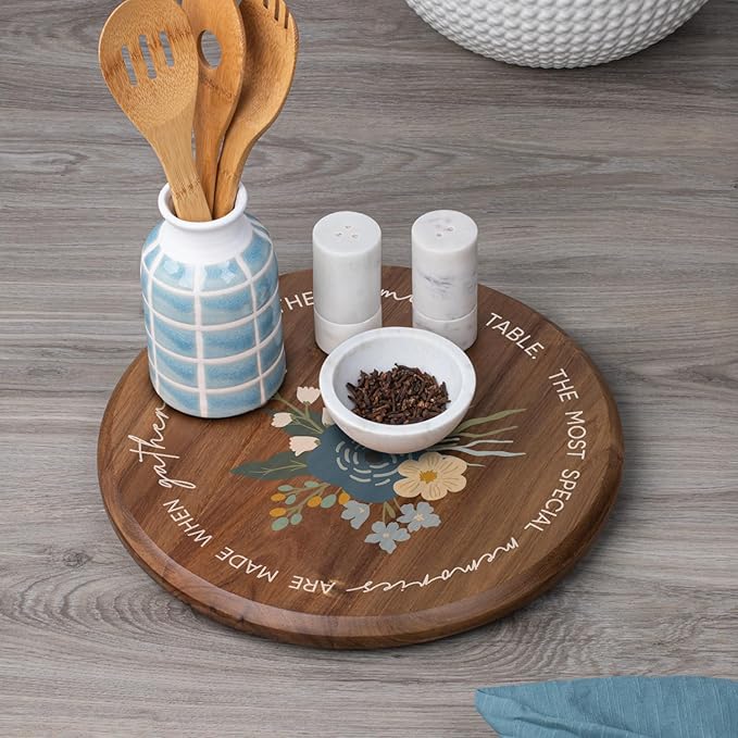 CounterArt Decorative Round Natural Wood Lazy Susan Turntable 14" Diameter Condiment Caddy, Cheese Server, Cake Plate, Spice Organization (Family Table)