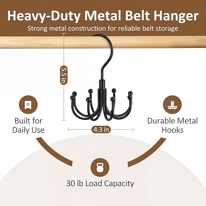 ZEDODIER 2 Pack Belt Organizer for Closet, Heavy-Duty Rotating Belt Hanger Rack Holds up to 48 Belts, Hanging Space Saving Metal Belt Holder for Closet Storage, Black
