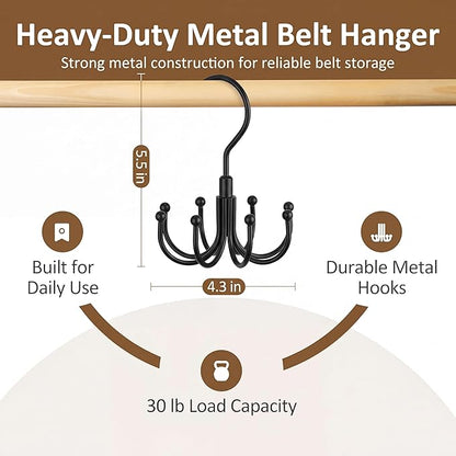 ZEDODIER Belt Organizer for Closet, Heavy-Duty Rotating Belt Hanger Rack Holds up to 24 Belts, Hanging Space Saving Metal Belt Holder for Closet Storage, Black
