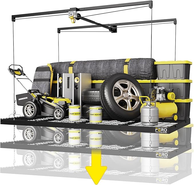 FERO Overhead Garage Storage Rack 4x8, 500 lb Heavy-Duty Capacity, Ceiling Mounted Storage Lift with Safety Lock, Drop Down Overhead Storage System, Garage Ceiling Hoist Organizer