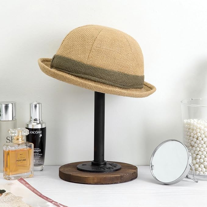 MyGift 2 Pcs Cowboy Hat Holder Rack, Hat Organizer Stand for Baseball Caps, Helmet, Tabletop Wig or Jewelry Display Riser, Rustic Burnt Wood with Industrial Metal Pipe