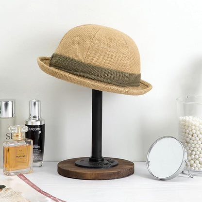 MyGift 2 Pcs Cowboy Hat Holder Rack, Hat Organizer Stand for Baseball Caps, Helmet, Tabletop Wig or Jewelry Display Riser, Rustic Burnt Wood with Industrial Metal Pipe