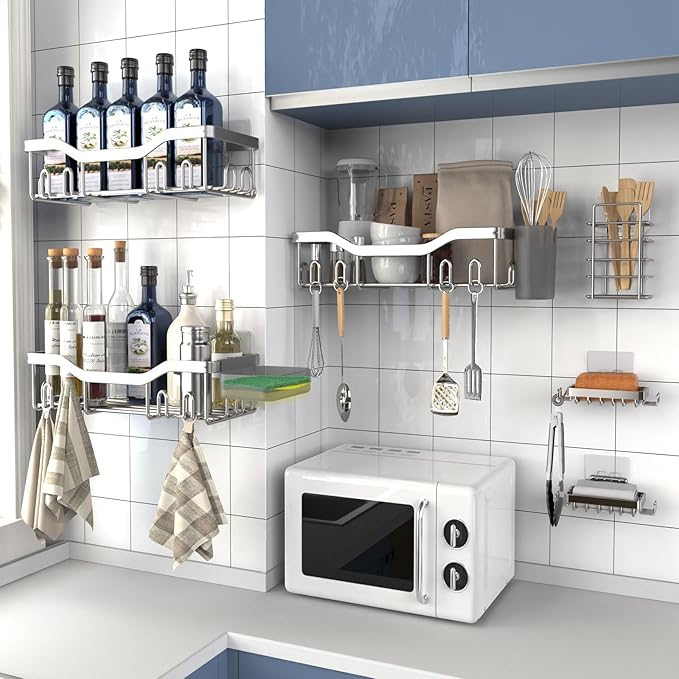NESOMI Shower Caddy Adhesive Shower Organizer 8-Pack, Rustproof Stainless Steel Bathroom Shelves, Large Capacity No-Drill Rack Storage Accessories with Soap Dish Toothbrush Holder Hooks