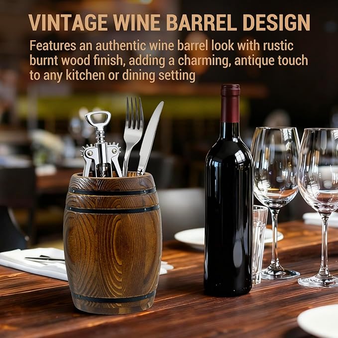 MyGift Rustic Burnt Wood Wine Barrel Design Kitchen Utensil Holder – Vintage Countertop Flatware & Cooking Tool Storage Crock