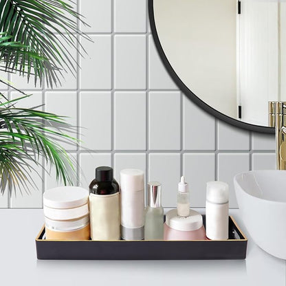 MAONAME Black Bathroom Tray, Plastic Vanity Tray, Narrow Countertop Trays with Handles, Perfume Organizer Trays for Dresser, Bathroom Accessories, 13.8" x 6" x 1.59"