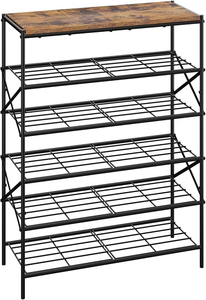 IBUYKE 6 Tier Shoe Rack, Large Capacity Shoe Storage Organizer for 24 Pairs of Shoes, Metal Shoe Storage Rack with Shelf for Entryway Hallway Closet Garage, Rustic Brown and Black TXJ016H