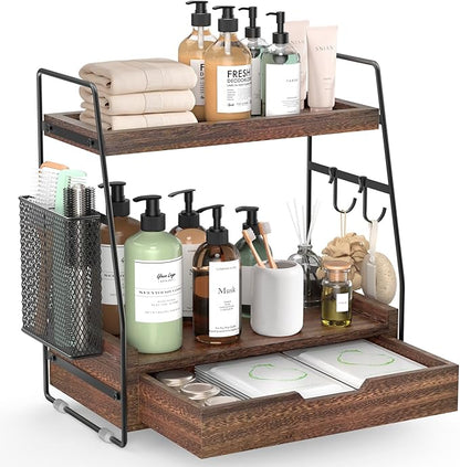 2-Tier Bathroom Counter Organizer with Drawer & Removable Basket, Wood & Metal Vanity Organizer for Skincare, Makeup, Perfume, Toiletries, Small Bathroom Counter Shelf, 13'' Rustic