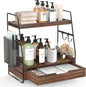 2-Tier Bathroom Counter Organizer with Drawer & Removable Basket, Wood & Metal Vanity Organizer for Skincare, Makeup, Perfume, Toiletries, Small Bathroom Counter Shelf, 13'' Rustic