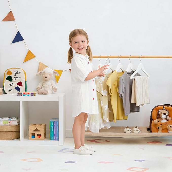 StorageWorks Baby Hangers 20 Pack, Maple Wood Clothes Organizer for Toddler, Kids Wooden Hanger with Pant Bar for Closet, White