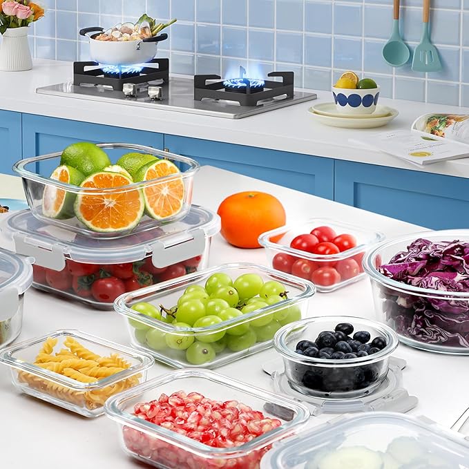 VERONES 30 Pieces Glass Meal Prep Containers Set, Stackable Food Storage Containers with Lids-Airtight Glass Lunch Containers，for Microwave, Oven, Freezer & Dishwasher,White