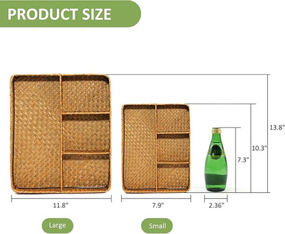 Large Wicker Baskets 4-Section Tea Bag/Sugar Packet Holder,Seagrass Woven Compartment Organizer,Storage Rattan Divided Basket,Office-Desk Baskets for Shelves,Pantry,Coffee Station Organizer-Natural