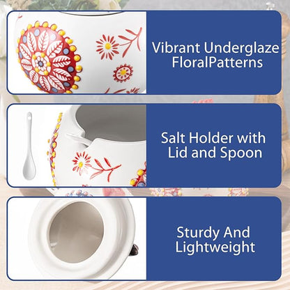 LemonRoad 2 Pcs Ceramic Salt Cellar with Lid and Spoon, 13oz Large Chicken Rooster Cookie Jar Salt Containers Holder for Countertop Spices, Ideal for Adding Charm to Kitchen Christmas Decor(Red,Blue)