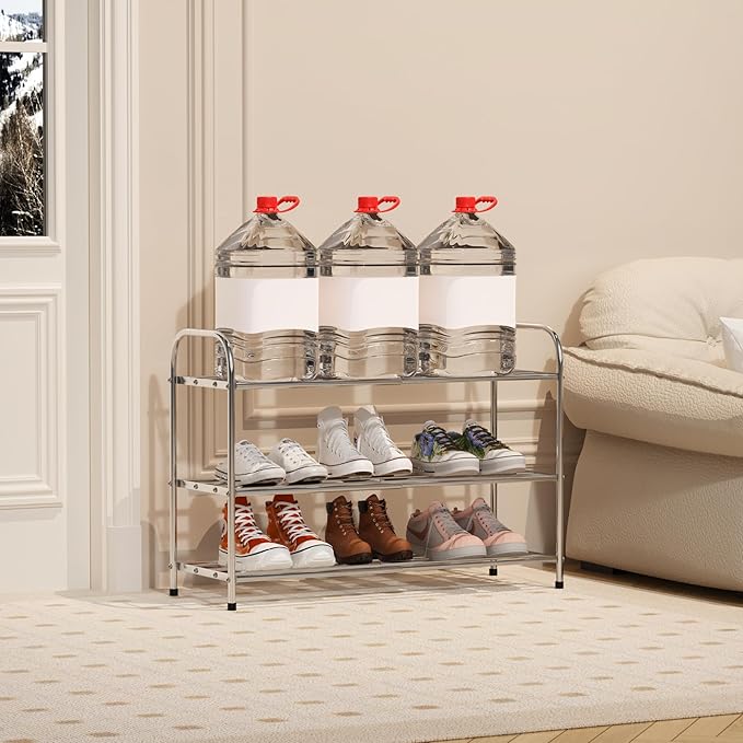 3 Tier Expandable Shoe Rack for Closet, Stainless Steel Shoe Shelf, Strong Weight Capacity Shoes Organizer, Easy to Install and Saving Space Standing Shelf with Sturdy Frame(3 Tier)
