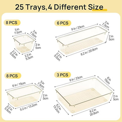 Vtopmart 25 PCS Clear Plastic Drawer Organizers Set, 4-Size Versatile Bathroom and Vanity Drawer Organizer Trays, Storage Bins for Makeup, Bedroom, Kitchen Gadgets Utensils and Office