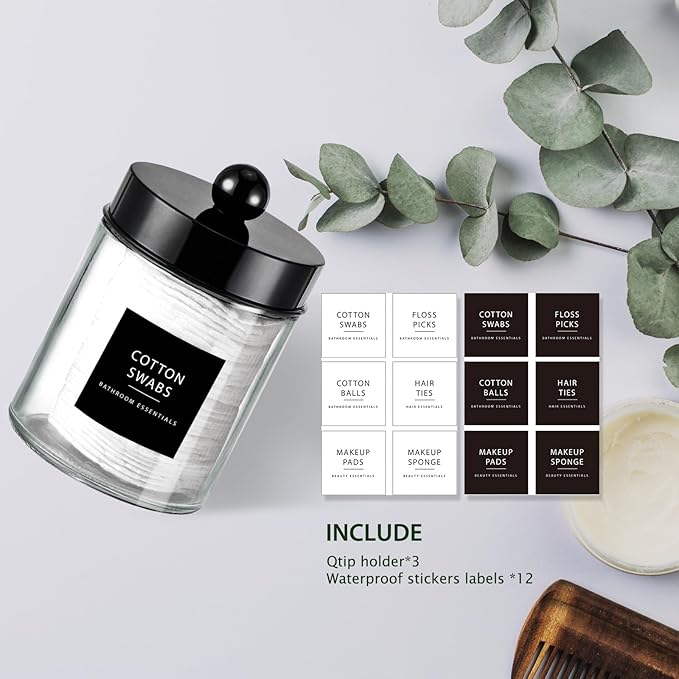 3PC Farmhouse Decor Qtip Holder Apothecary Jars Bathroom Vanity Storage Organizer -Countertop Canister Container &Cute Stickers for Cotton Swab, Ball,Pad,Floss,Paper Clips (Black)