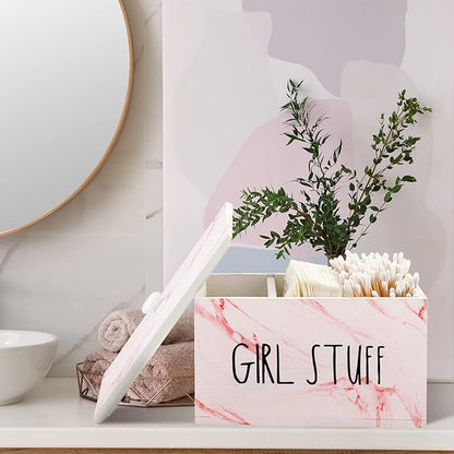 Tampon Holder for Bathroom with Movable Dividers Shark Tampon Storage Container Week with Lid Farmhouse Pad Container Box Feminine Product Organizer Girl Stuff Box for Bathroom(Pink Marble)