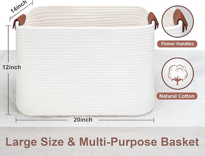Large Cotton Rope Storage Basket with Leather Handles, Laundry Hamper Basket, 20 "L x 14" W x 12 "H, Durable & Stylish Organizer for Home.(Large White)