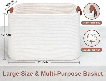 Large Cotton Rope Storage Basket with Leather Handles, Laundry Hamper Basket, 20 "L x 14" W x 12 "H, Durable & Stylish Organizer for Home.(Large White)