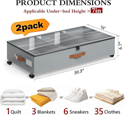 Yecaye Under Bed Storage with Wheels, 2 Pack Under Bed Storage Containers with Adjustable Dividers & Clear Window, Rolling Underbed Organizer Bins Drawers for Clothes, Shoes, Blankets, Grey