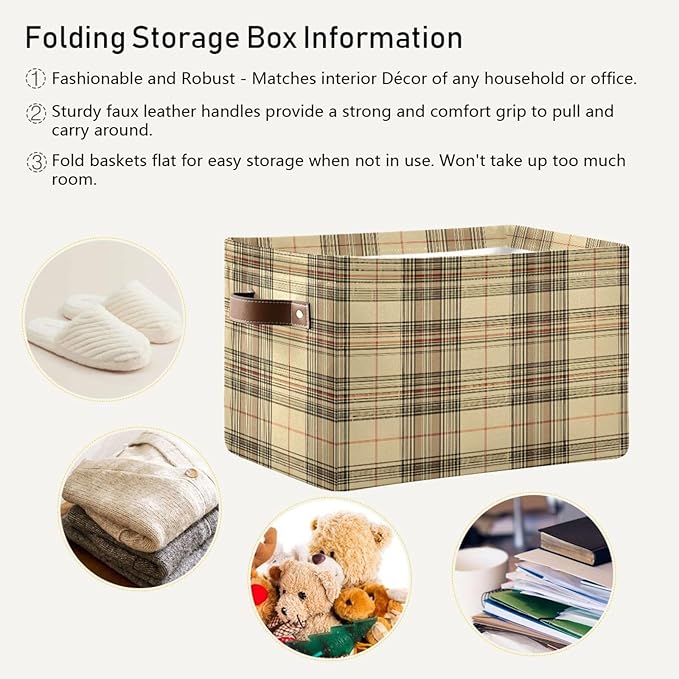 Large Storage Basket Beige Gingham Plaid Storage Bin Cube Canvas Fabric Organizer Handles Collapsible for Clothes Toys Bedroom Decorative