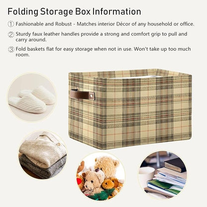 Large Storage Basket Beige Gingham Plaid Storage Bin Cube Canvas Fabric Organizer Handles Collapsible for Clothes Toys Bedroom Decorative
