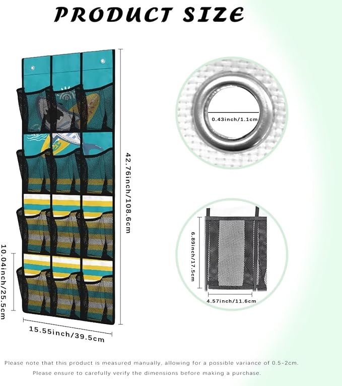 Large Capacity Door Organizer with 12 Pockets, Storage Hanging Bag Behind the Door for Accessories and Essentials, Foldable and Space Saving Design for Home Use, Cartoon Shark and Stripe
