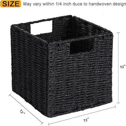 Vagusicc Storage Basket, Set of 2 Hand-Woven Storage Baskets for Organizing with Handles, Foldable Cube Storage Baskets Bins Organizer, 13 inch Large Wicker Baskets for Shelves & Decor, Black