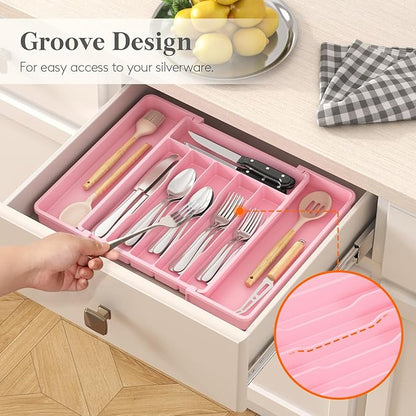 Lifewit Silverware Drawer Organizer, Expandable Utensil Tray for Kitchen, BPA Free Flatware and Cutlery Holder, Adjustable Plastic Storage for Spoons Forks Knives, 10.9"-17.5" x 13.7", Pink