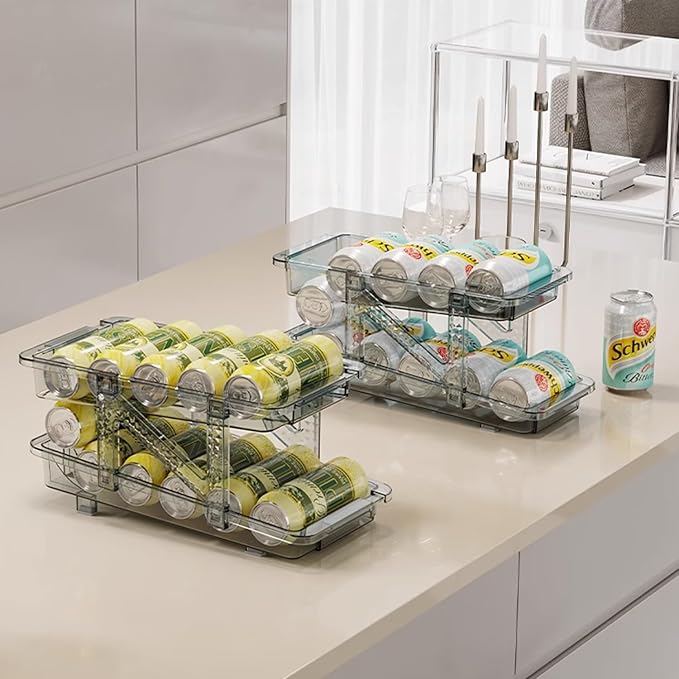 Soda Can Dispenser for Refrigerator, Adjustable Width Soda Can Organizer, 2-Layer Beverage Pop Can Holder, Drink Storage Organizer for Fridge, Pantry, Cabinet, Countertop (Clear-1 Pack)