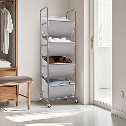 STORAGE MANIAC Vertical Rolling Laundry Hamper, 4 Section Laundry Sorter with Wheels and 2 Breaks, 4-tier Laundry Baskets for Small Space, Dorm, Laundry Room, Closet, Bathroom, Gray 4-tier