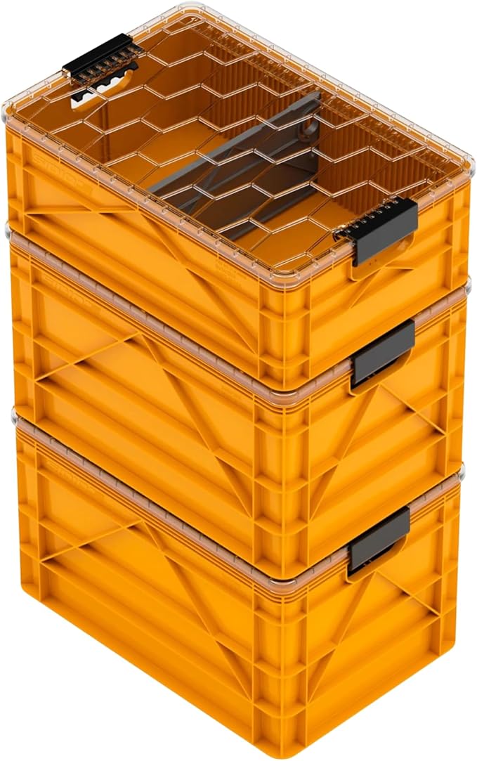 SIDIO CRATE Starter Pack - Two Full Size and One Half Size Heavy Duty Stackable Storage Bins, Totes with Lids and Dividers - Durable Organizer for Home, Office, Garage, and Outdoor Use - Sol
