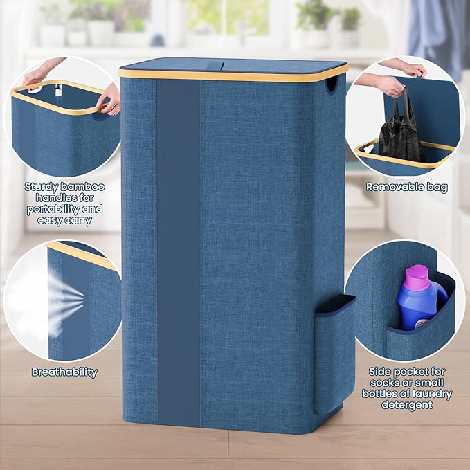 BlissTotes Laundry Basket with Lid, 100L Clothes Laundry Hamper with Handles and Removable Laundry Bag, Breathable Design Hamper with Lid for Bedroom, Bathroom, Dorm, Laundry Room - Light Blue