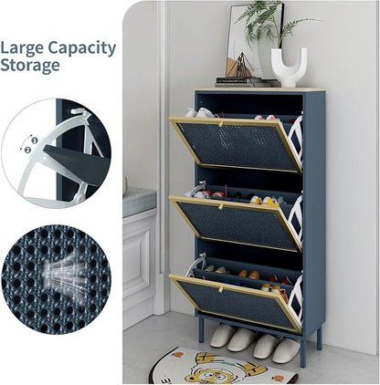 Natural Rattan Shoe Cabinet with 3 Flip Drawers, Entrance Hallway Free Standing Shoe Racks with Metal Legs for Heels, Boots, Slippers (Blue)