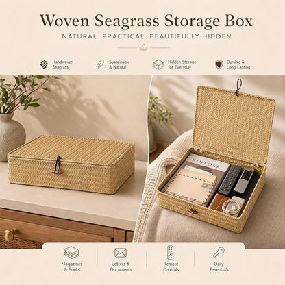 4 Pack, Wicker Baskets with Lids, Nautral Seagrass Storage Baskets, Woven Rectangular Basket Bins, Rattan Storage Organizer for Shelf (Natural, Set of 2)