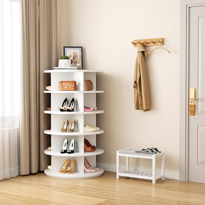 Rotating Shoe Rack 5 Tier Spinning Shoes Organizer Tower for 20-24 Pairs Lazy Susan 360 Revolving Shoe Storage Cabinet Rotate Shoe Handbag Rack Round Carousel for Closet, Bedroom (White)