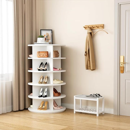 Rotating Shoe Rack 5 Tier Spinning Shoes Organizer Tower for 20-24 Pairs Lazy Susan 360 Revolving Shoe Storage Cabinet Rotate Shoe Handbag Rack Round Carousel for Closet, Bedroom (White)