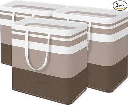 BlissTotes 3-Pack Laundry Basket, Freestanding＆Waterproof Laundry Hamper, Collapsible Tall Clothes Hamper with Easy Carry Handles for Clothes, Towels in the Family and Dorm,Gradient Khaki,100L