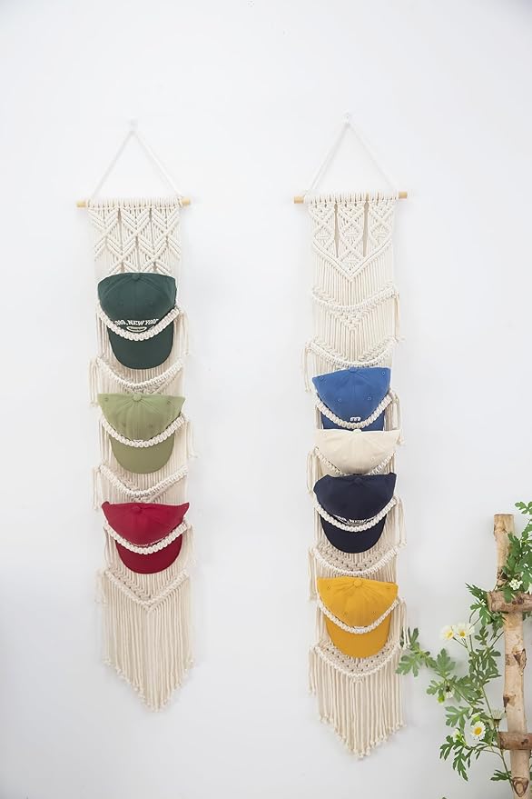 Macrame Cap Holder - Boho Hats Organizer, Six Hat Rack for Wall Mounting Decoration & Collection Display