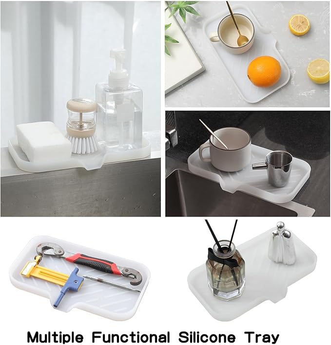 MicoYang Silicone Bathroom Soap Dishes with Drain Spout-Bathroom and Kitchen Sink Organizer,Sponge Holder,Dish Soap Tray,Perfect for Dispenser,Scrubber,Bottle,Cup on Counter Translucent 9.6"×5.3"