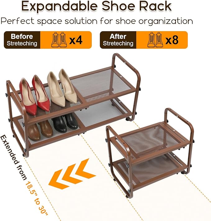 Expandable Shoe Rack for Closet - Shoe Organizer for Entryway, Adjustable Metal Shoe Storage, Stackable Long Shoe Stand Holder for Garage, Hallway, Door Entrance (Brown, 2 Tier)