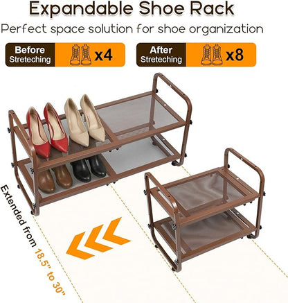 Expandable Shoe Rack for Closet - Shoe Organizer for Entryway, Adjustable Metal Shoe Storage, Stackable Long Shoe Stand Holder for Garage, Hallway, Door Entrance (Brown, 2 Tier)