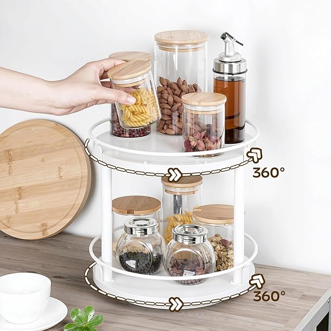 YATINEY Spice Rack, Set of 2 Lazy Susan Organizer, 2-Tier Turntable Organizer For Cabinet, Compact and Versatile, for Kitchen Countertop, White SR22L2WW