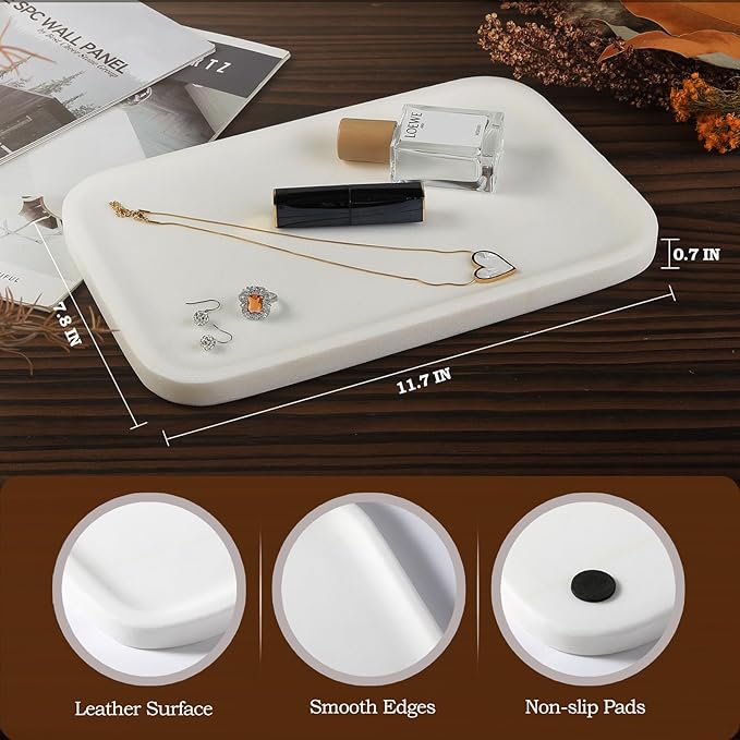 Koville Marble Vanity Tray, 12"x8" Marble Catchall Tray for Countertop Bathroom Kitchen Dresser, Rectangular Decorative Stone Tray for Jewelry Cosmetics Perfume Trinket(White)